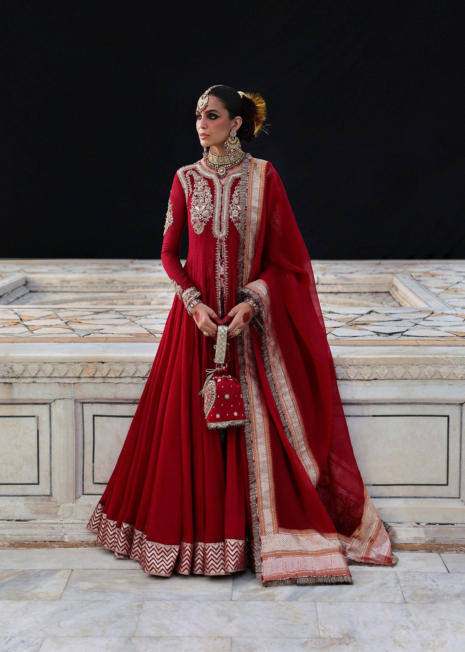 Indian Red Embroidered Chanderi Silk Pishwas Dress (3-Piece) - Image 2