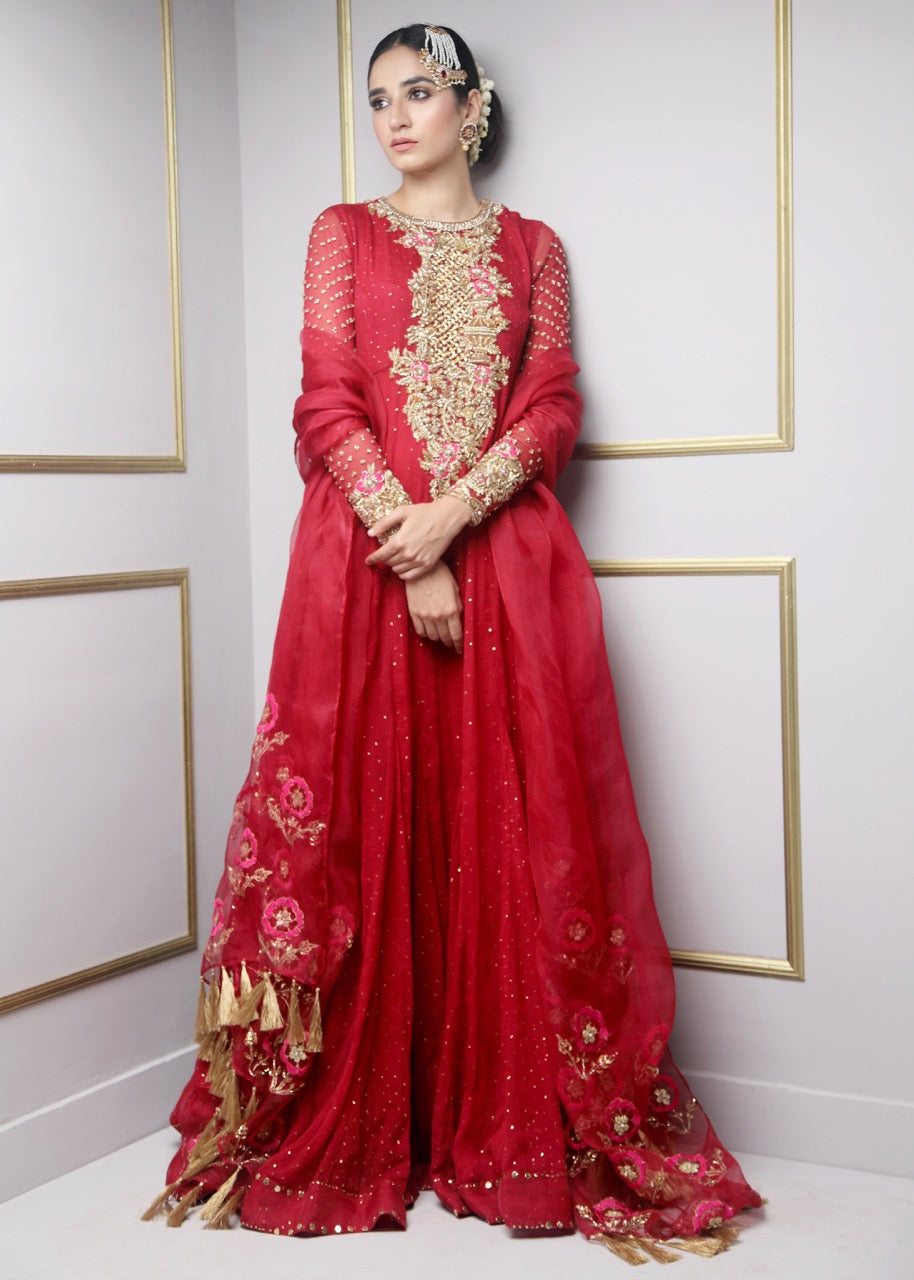 Pakistani Crimson Red Embroidered Chiffon Organza Pishwas (2-Piece) - Image 2