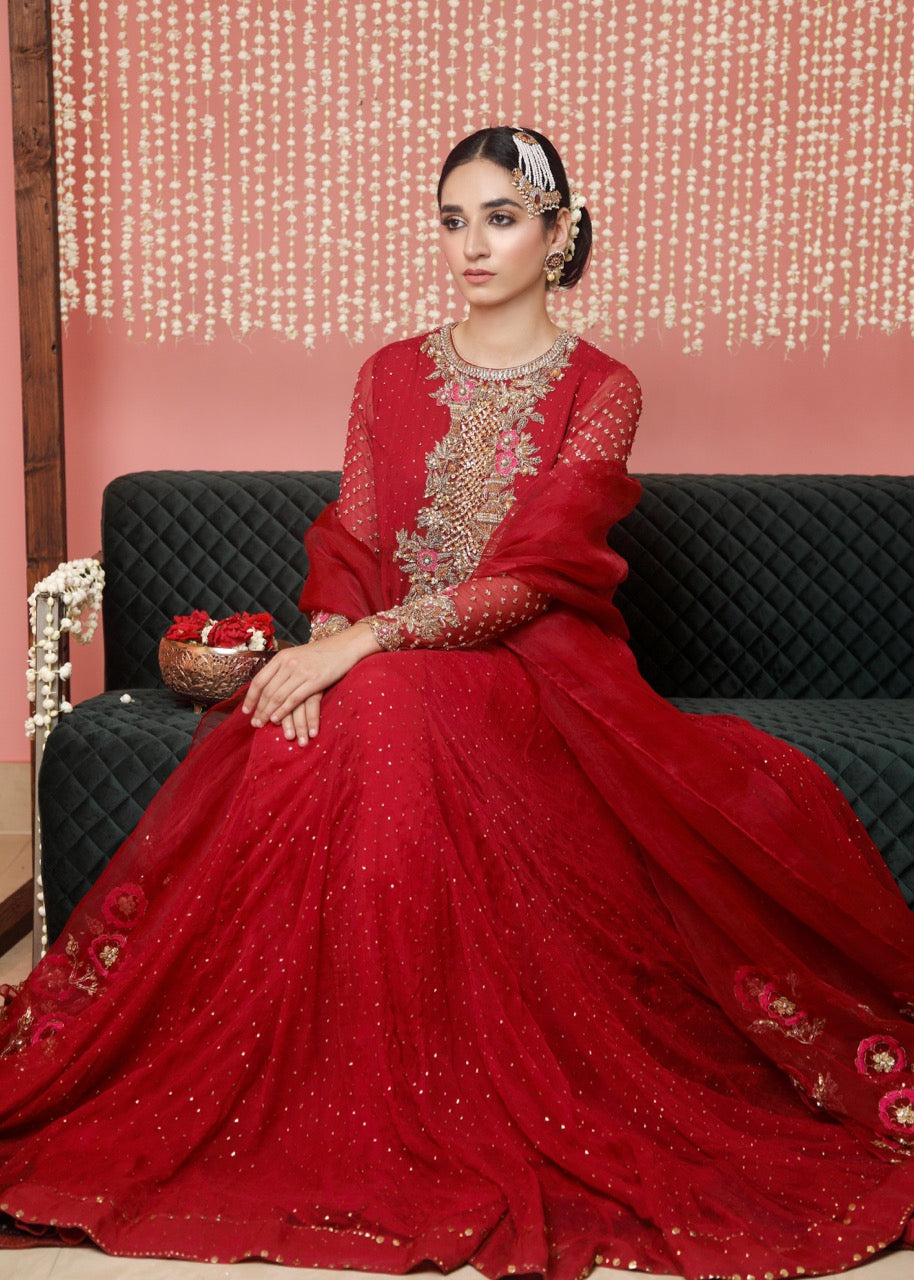 Pakistani Crimson Red Embroidered Chiffon Organza Pishwas (2-Piece) - Image 3