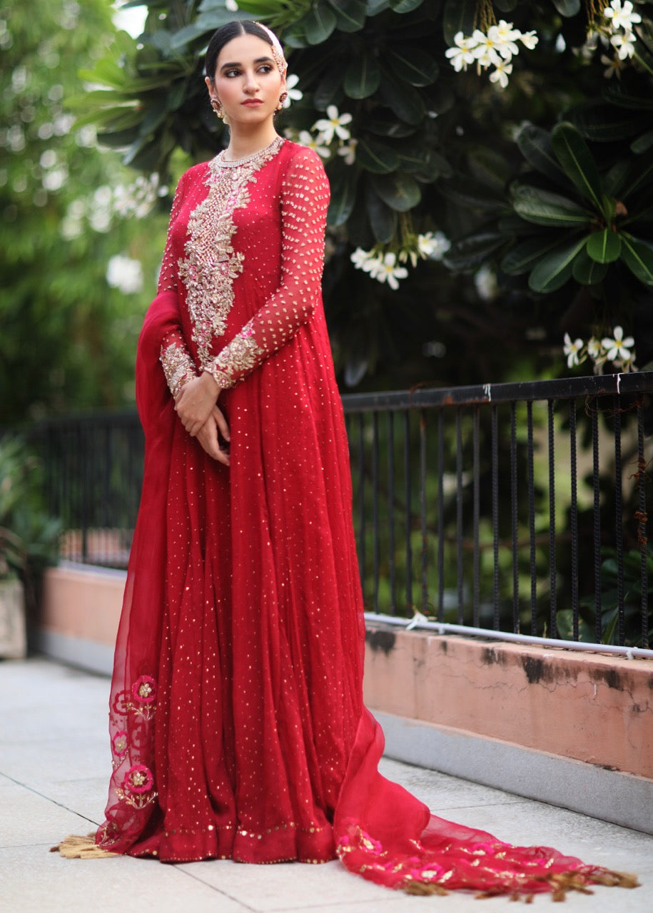 Pakistani Crimson Red Embroidered Chiffon Organza Pishwas (2-Piece) - Image 4