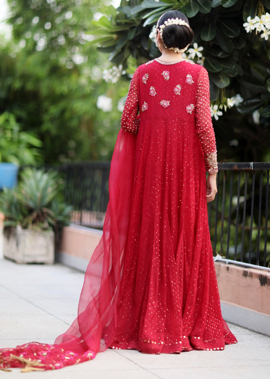 Pakistani Crimson Red Embroidered Chiffon Organza Pishwas (2-Piece) - Image 5