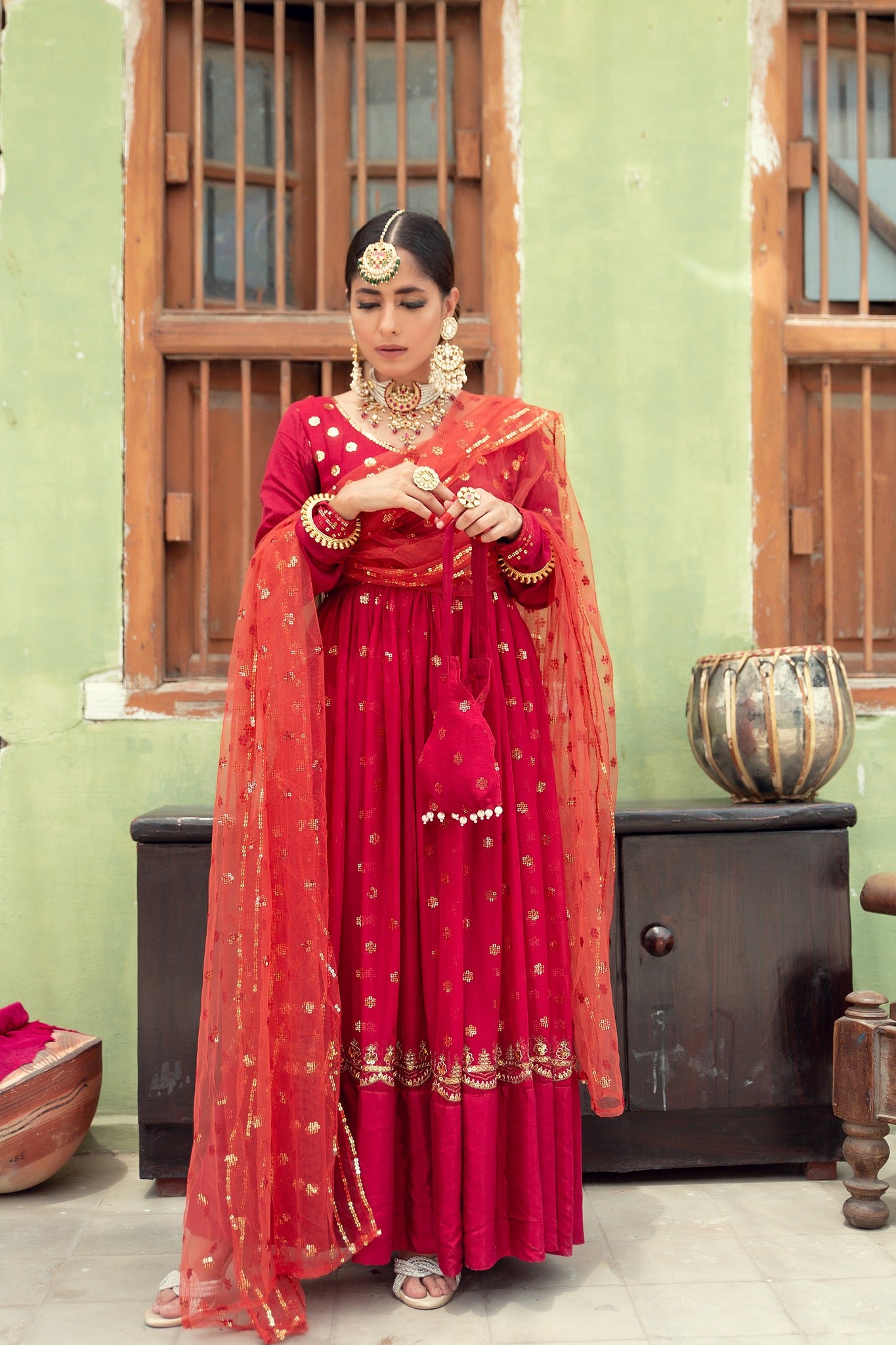 Deep Red Sequin Embroidered Chiffon Pishwas (3-Piece) - Image 1