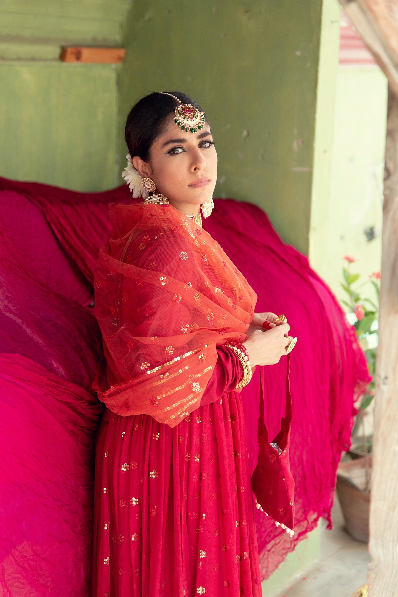 Deep Red Sequin Embroidered Chiffon Pishwas (3-Piece) - Image 10