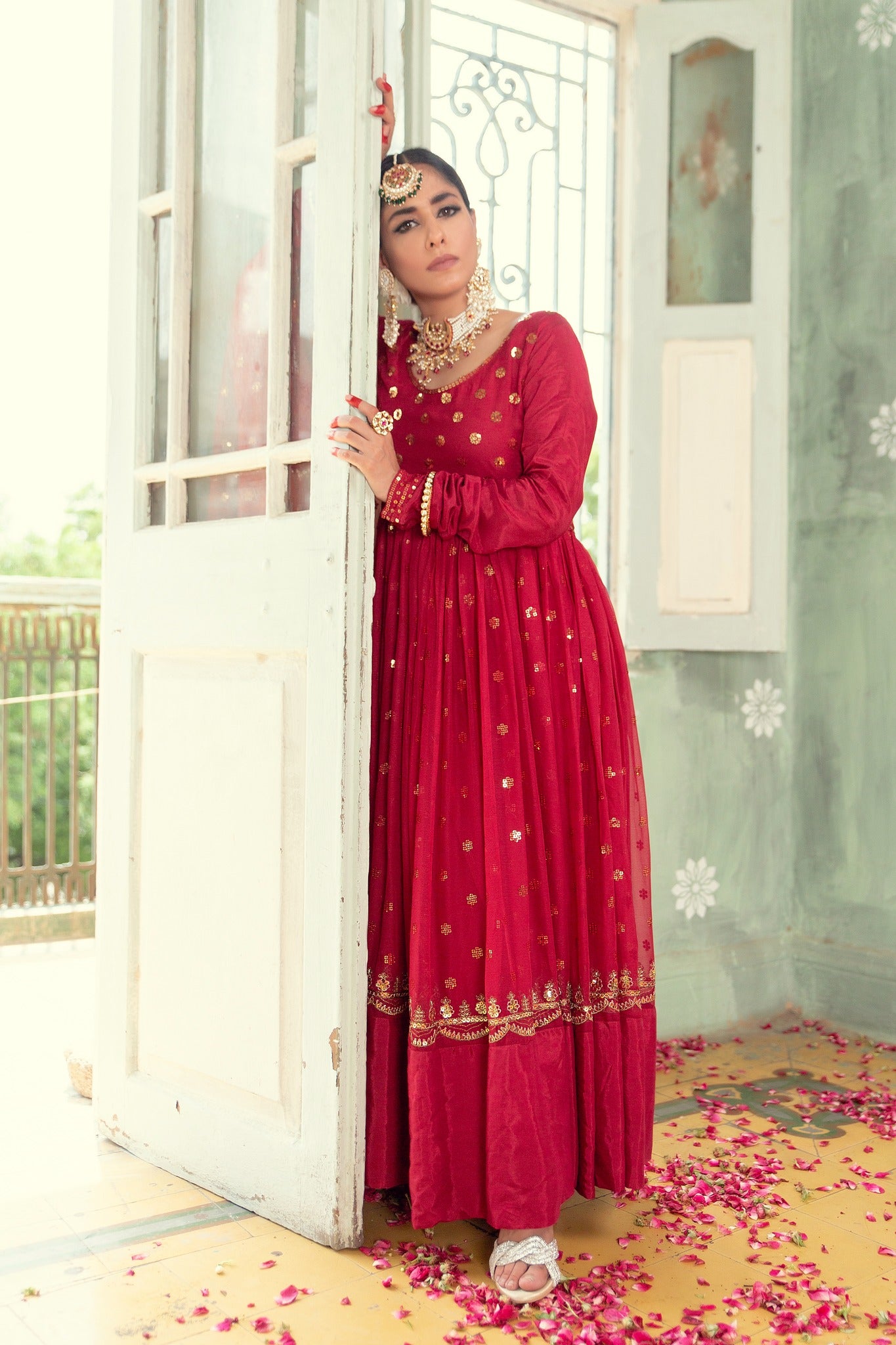 Deep Red Sequin Embroidered Chiffon Pishwas (3-Piece) - Image 2
