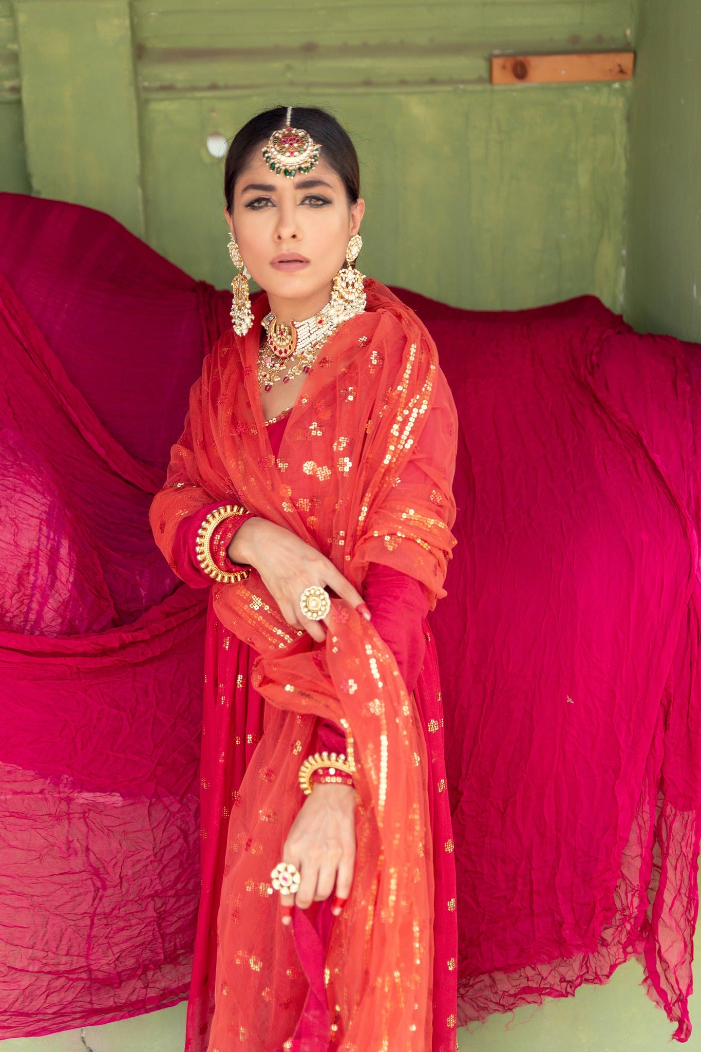 Deep Red Sequin Embroidered Chiffon Pishwas (3-Piece) - Image 3