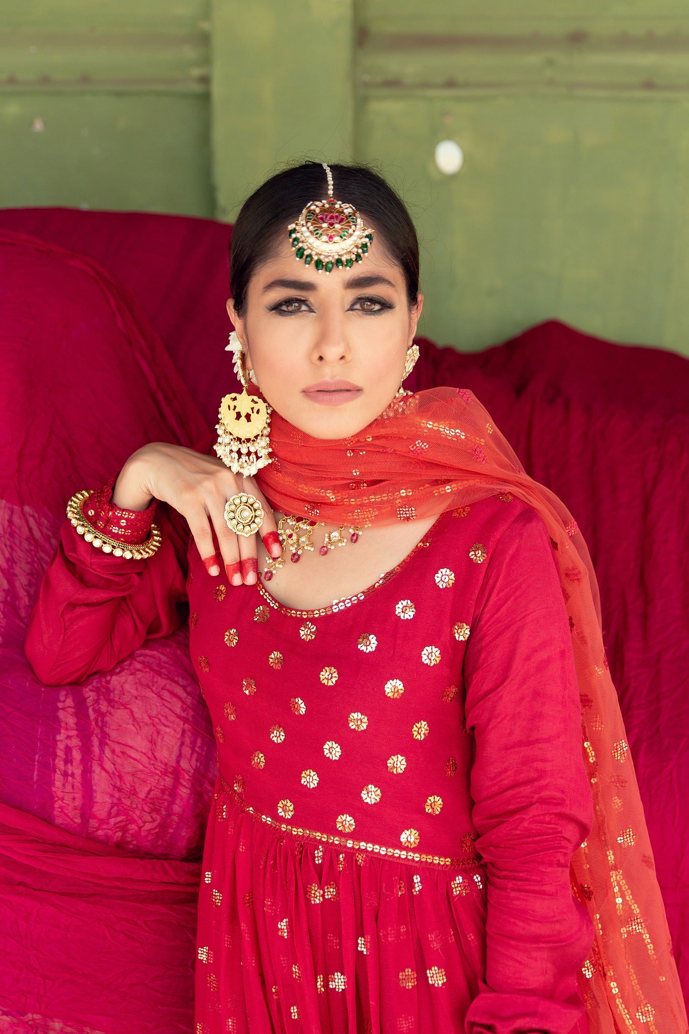 Deep Red Sequin Embroidered Chiffon Pishwas (3-Piece) - Image 4