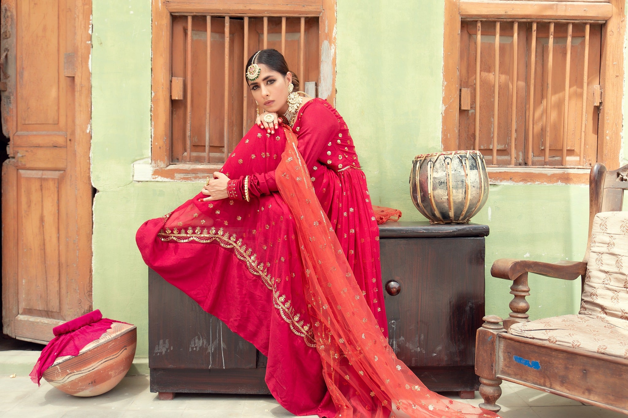 Deep Red Sequin Embroidered Chiffon Pishwas (3-Piece) - Image 5