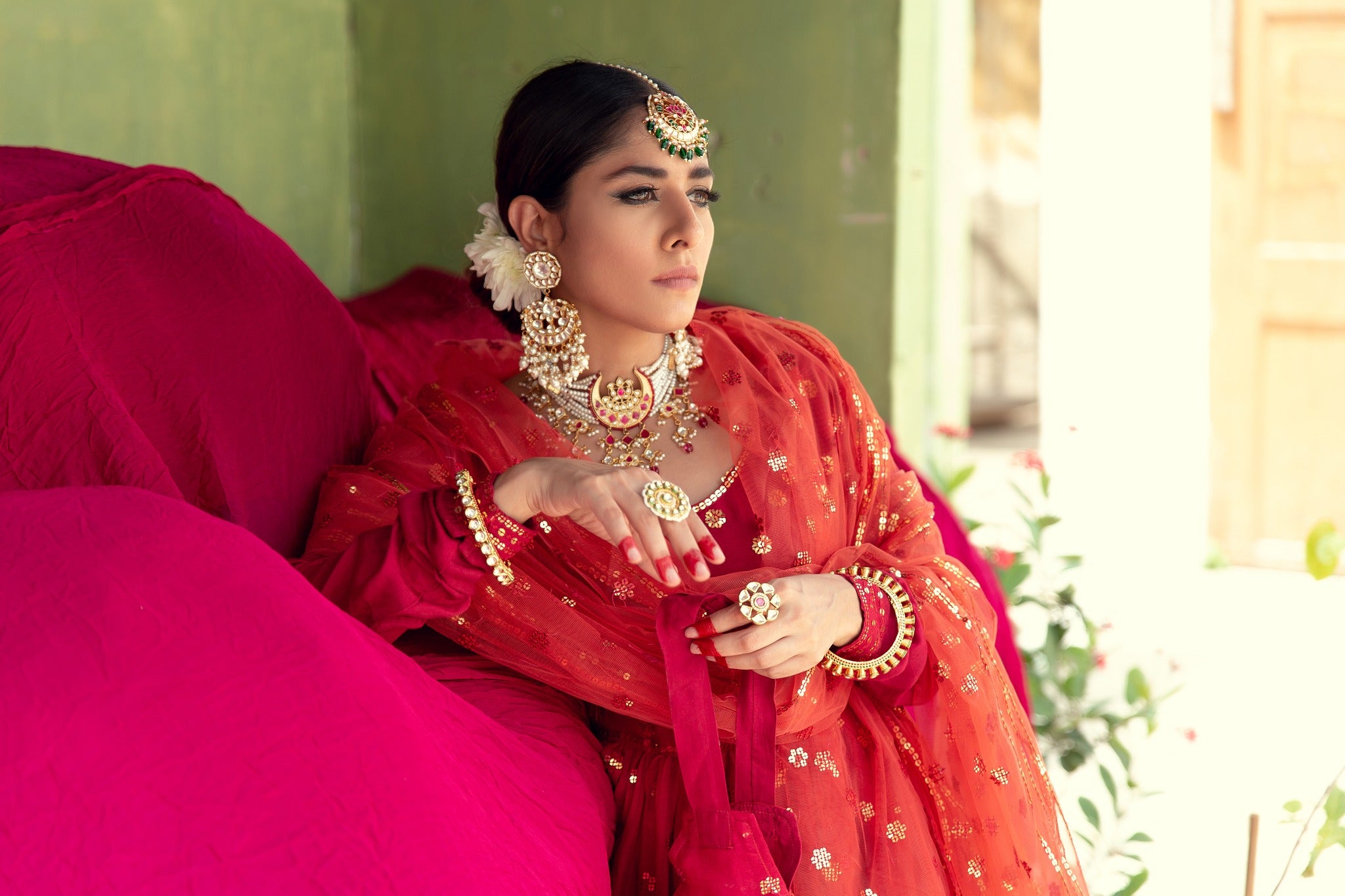 Deep Red Sequin Embroidered Chiffon Pishwas (3-Piece) - Image 6