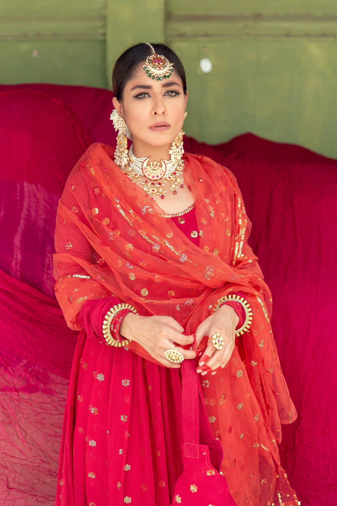 Deep Red Sequin Embroidered Chiffon Pishwas (3-Piece) - Image 7