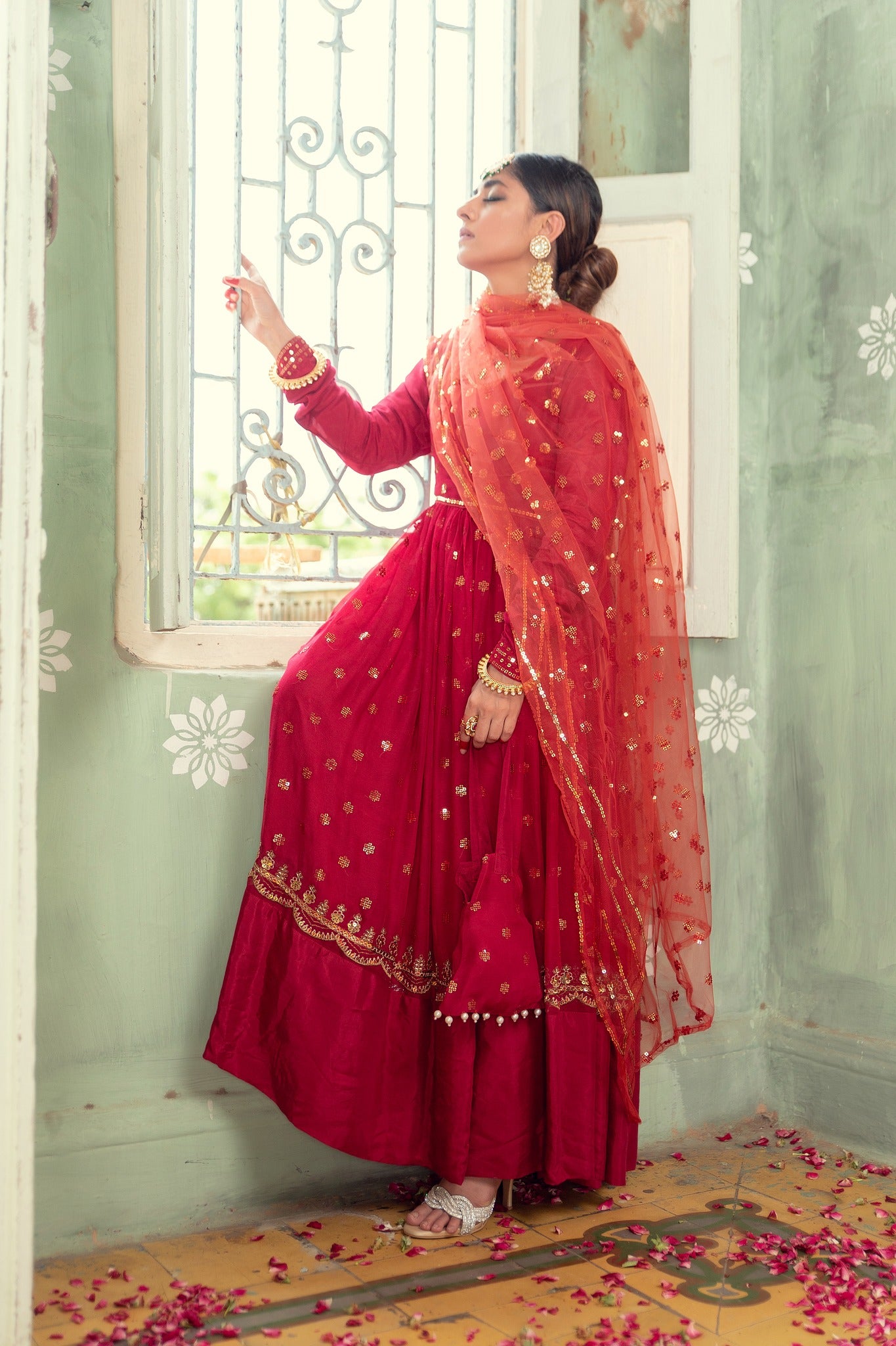 Deep Red Sequin Embroidered Chiffon Pishwas (3-Piece) - Image 8