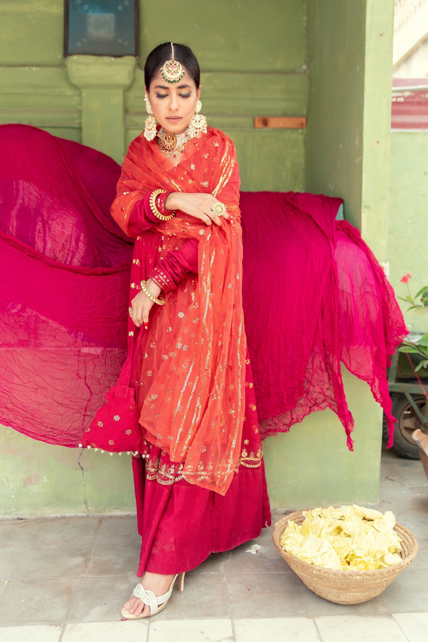 Deep Red Sequin Embroidered Chiffon Pishwas (3-Piece) - Image 9