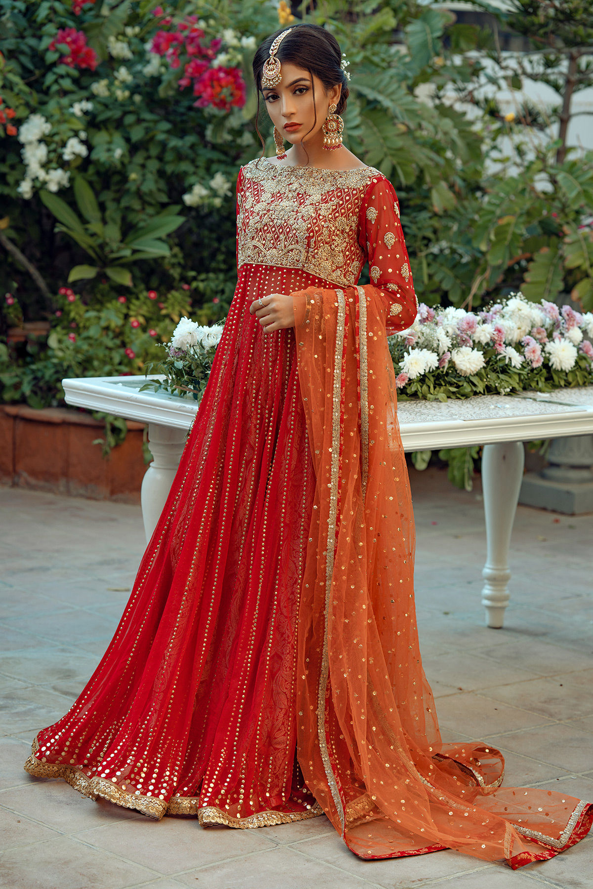 Pakistani Crimson Zardozi Embroidered Chiffon-Georgette Pishwas (3-Piece) - Image 1