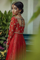 Pakistani Crimson Zardozi Embroidered Chiffon-Georgette Pishwas (3-Piece) - Image 6