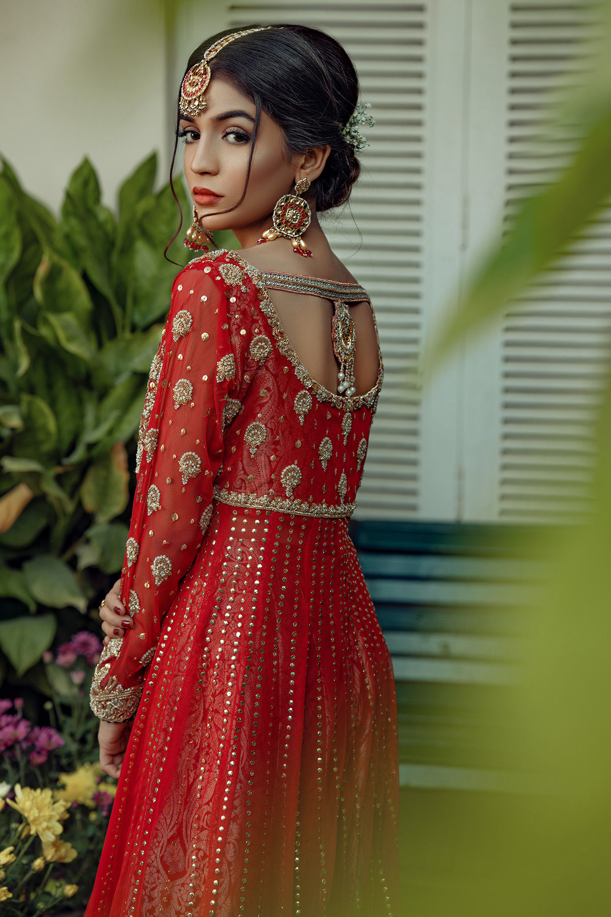 Pakistani Crimson Zardozi Embroidered Chiffon-Georgette Pishwas (3-Piece) - Image 7