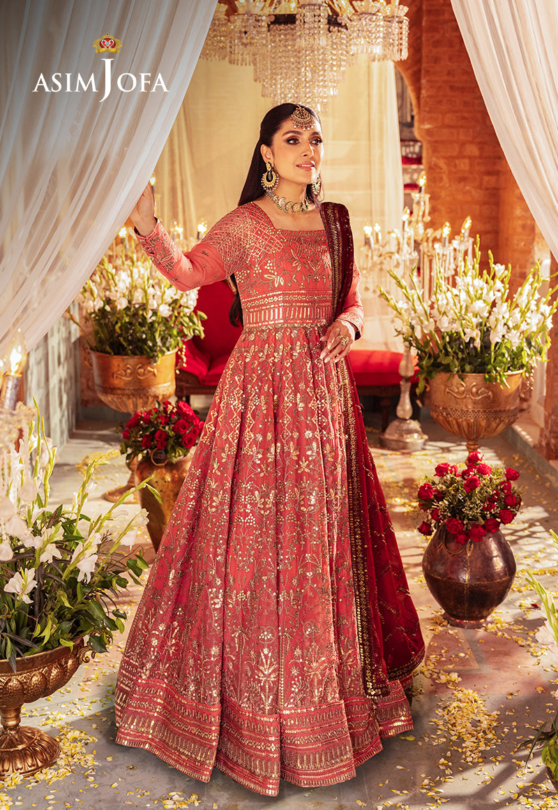 Pakistani Red Embroidered Chiffon Peshwas Dress (3-Piece) - Image 1