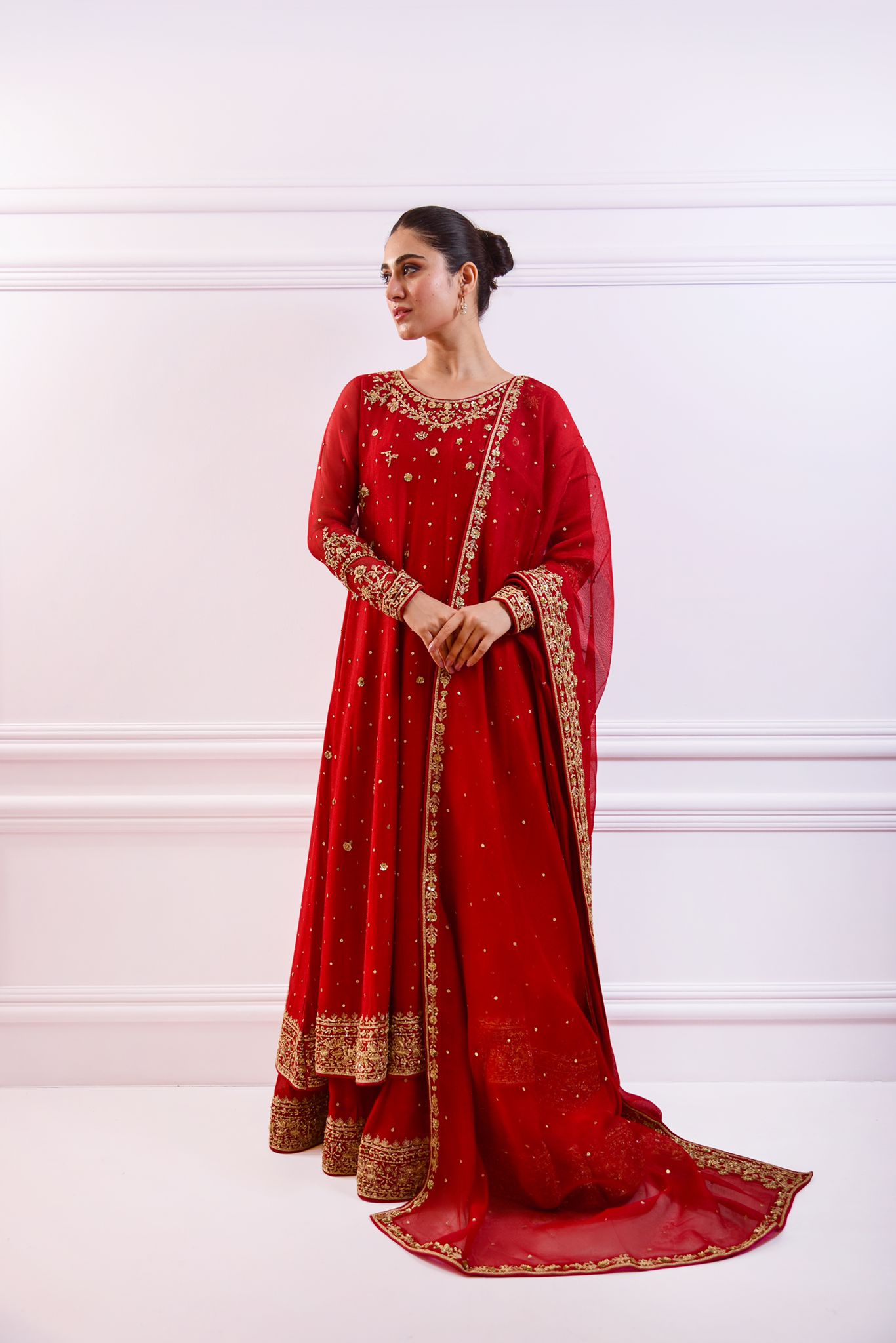 Red Hand-Embellished Cotton Net Pishwas (3-Piece) - Image 1