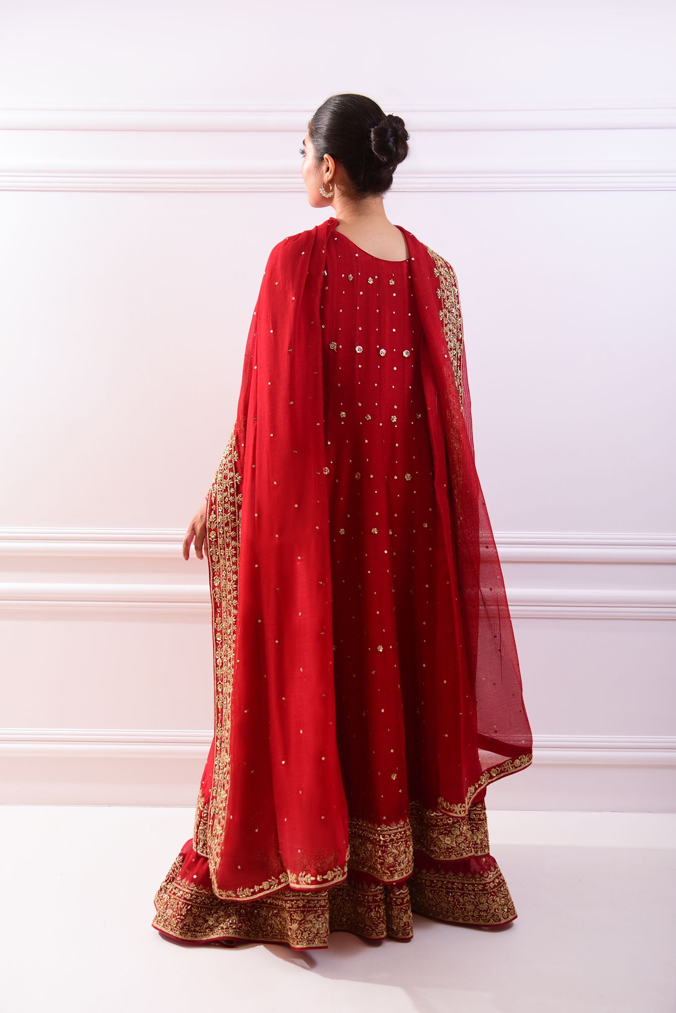 Red Hand-Embellished Cotton Net Pishwas (3-Piece) - Image 2