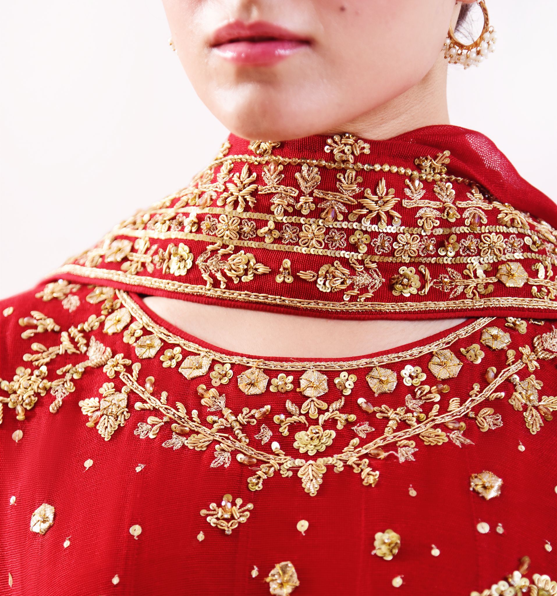 Red Hand-Embellished Cotton Net Pishwas (3-Piece) - Image 3