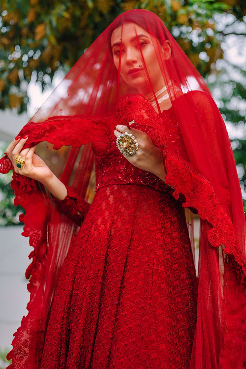 Red Hand-Embellished Cotton Net Pishwas (3-Piece) - Image 7