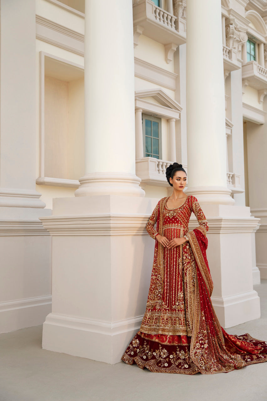 Pakistani Deep Red Zardozi Cotton Net Pishwas (3-Piece) - Image 1