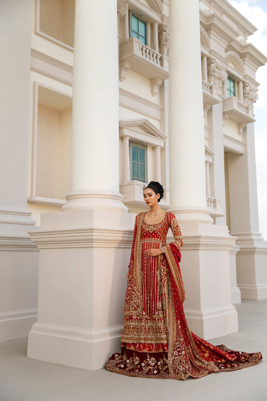 Pakistani Deep Red Zardozi Cotton Net Pishwas (3-Piece) - Image 2