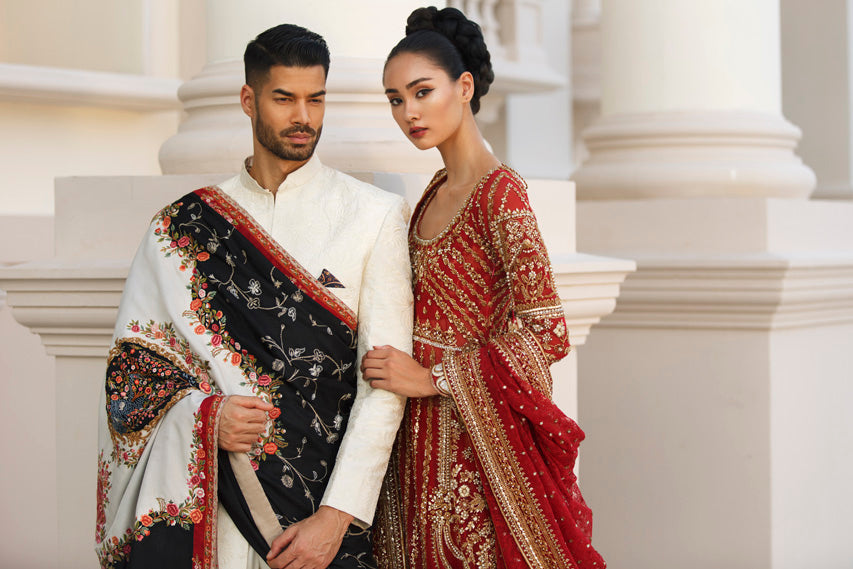 Pakistani Deep Red Zardozi Cotton Net Pishwas (3-Piece) - Image 3