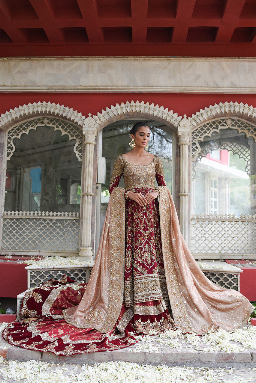 Pakistani Crimson Zardozi Cotton Net Pishwas Dress (3-Piece) - Image 1