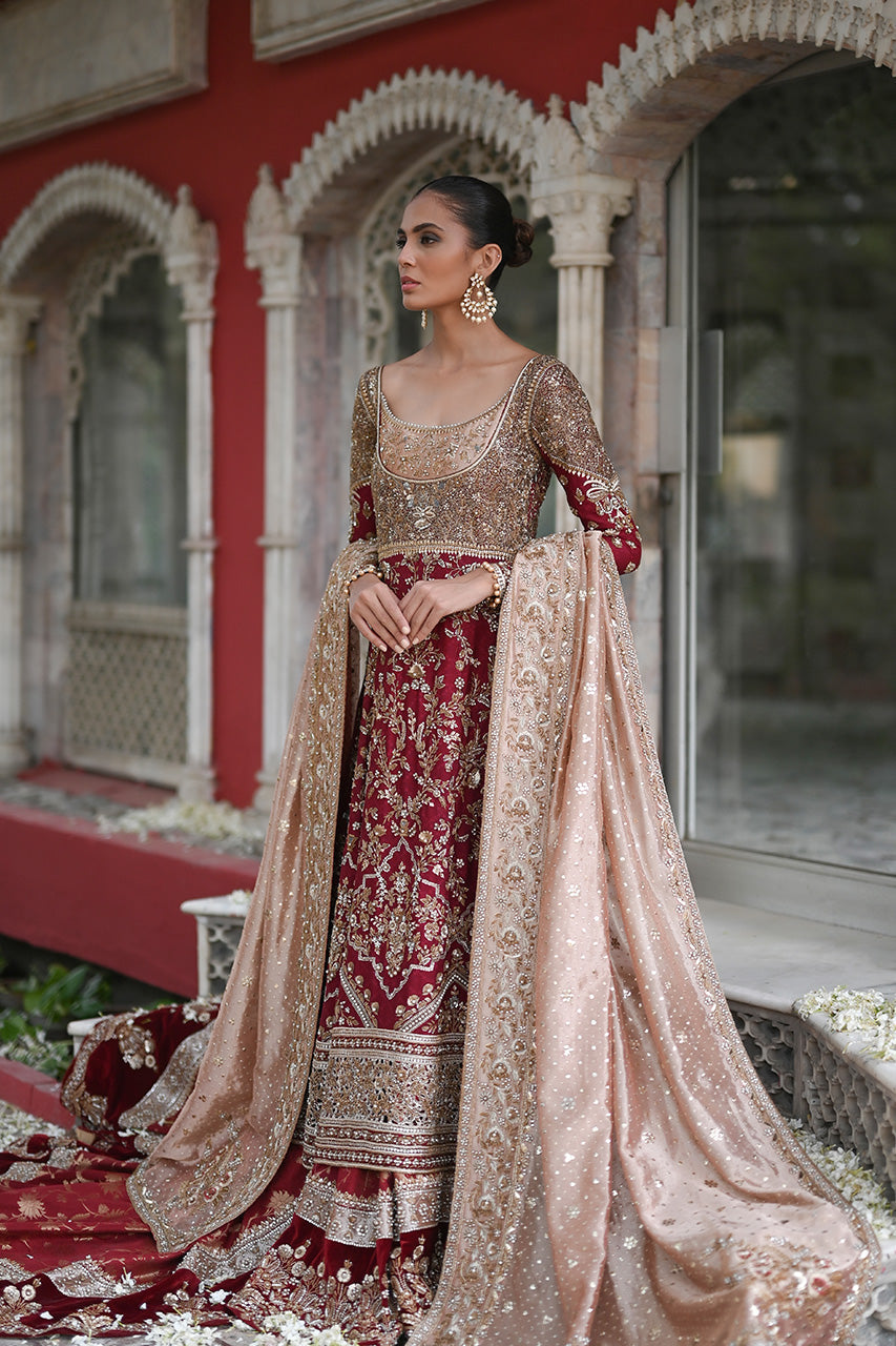 Pakistani Crimson Zardozi Cotton Net Pishwas Dress (3-Piece) - Image 2