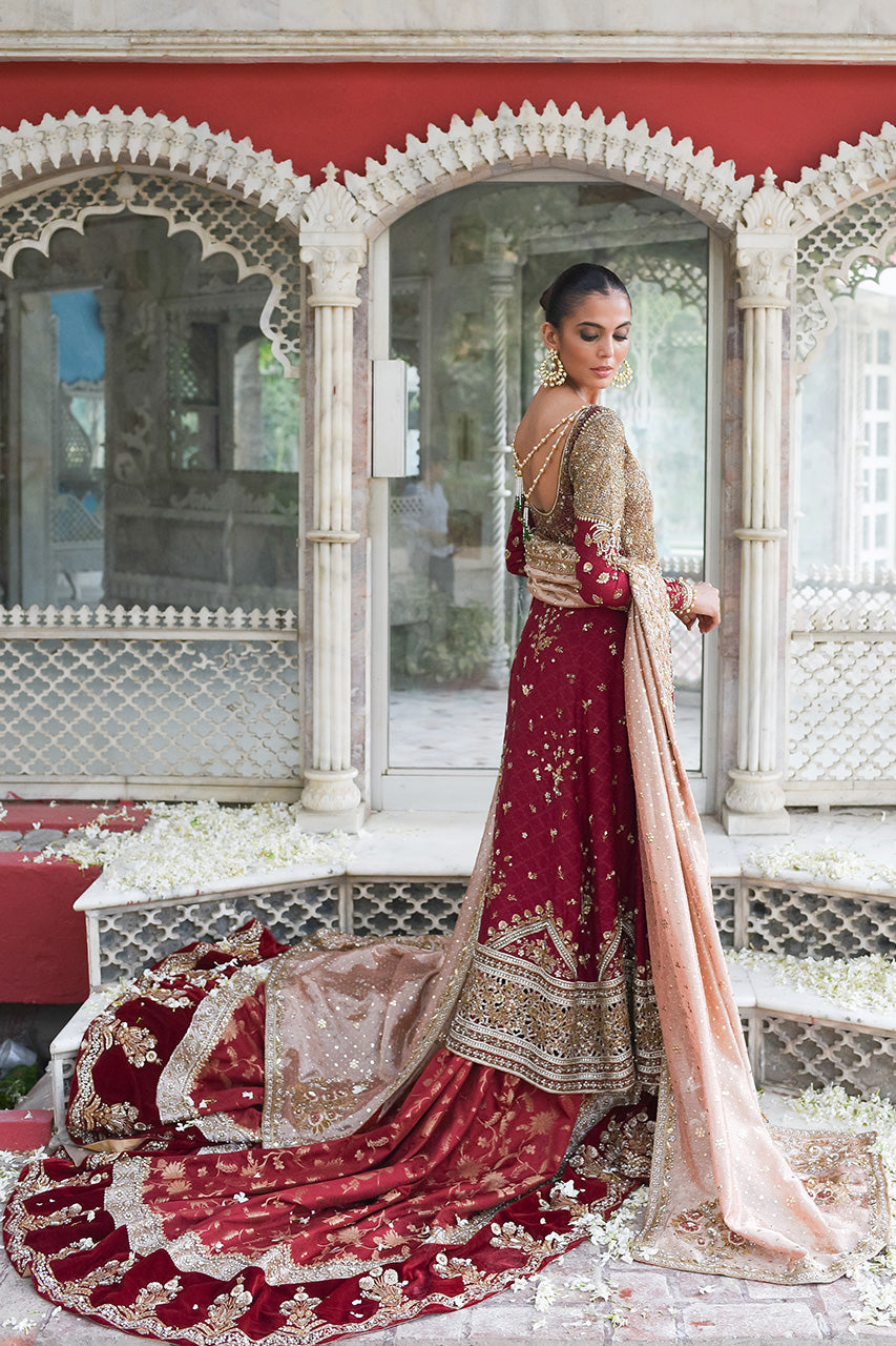 Pakistani Crimson Zardozi Cotton Net Pishwas Dress (3-Piece) - Image 3