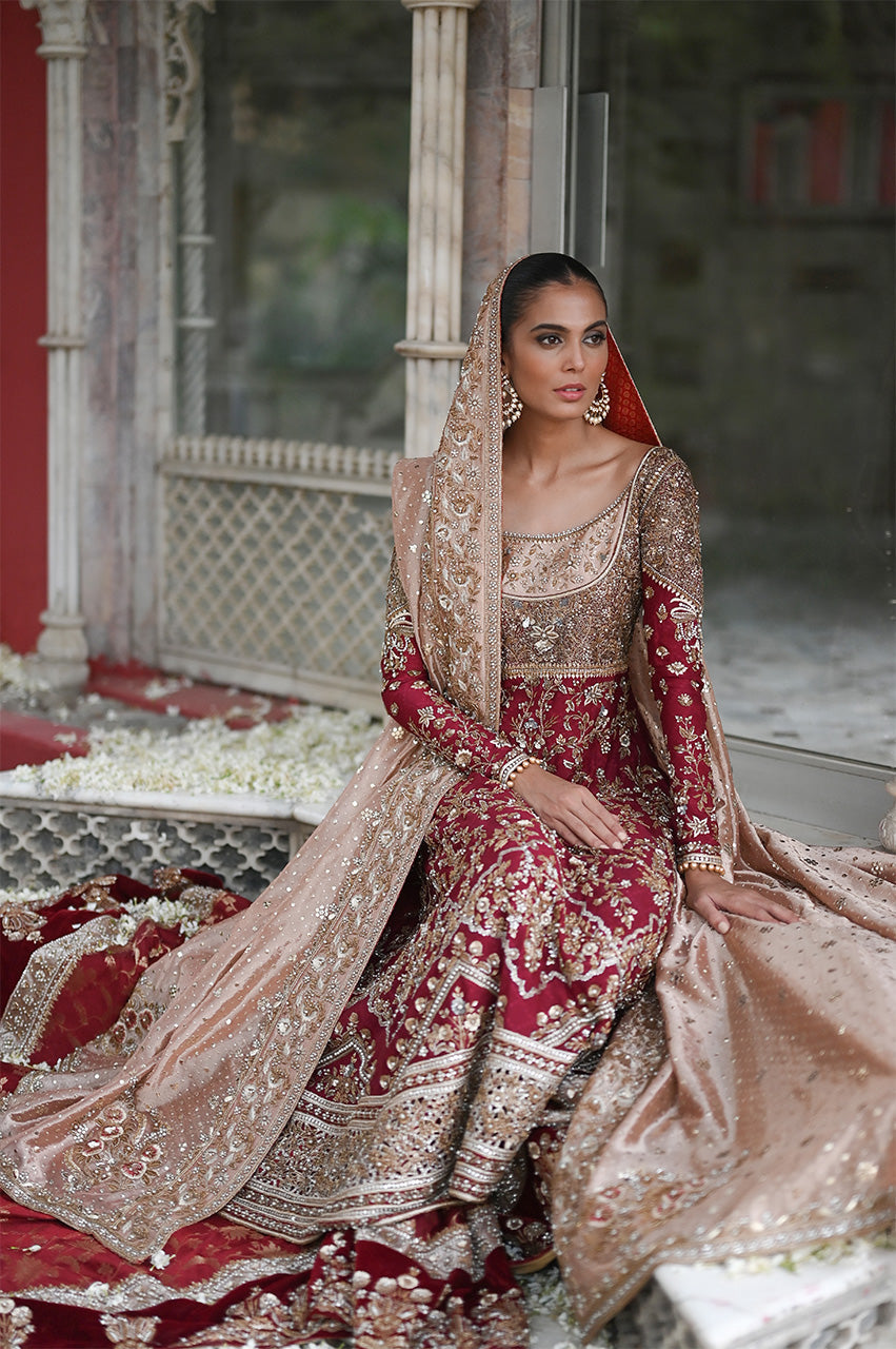 Pakistani Crimson Zardozi Cotton Net Pishwas Dress (3-Piece) - Image 5