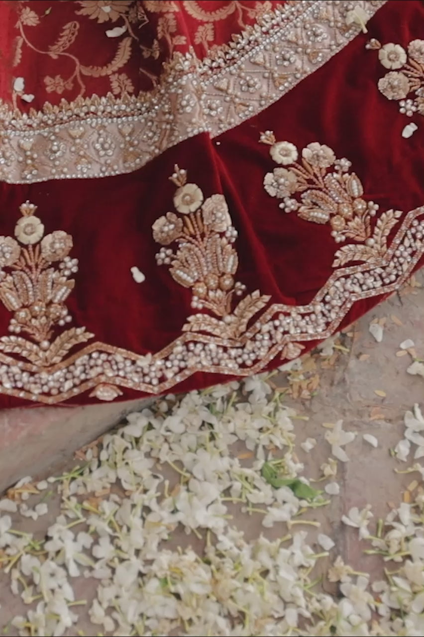 Pakistani Crimson Zardozi Cotton Net Pishwas Dress (3-Piece) - Image 7