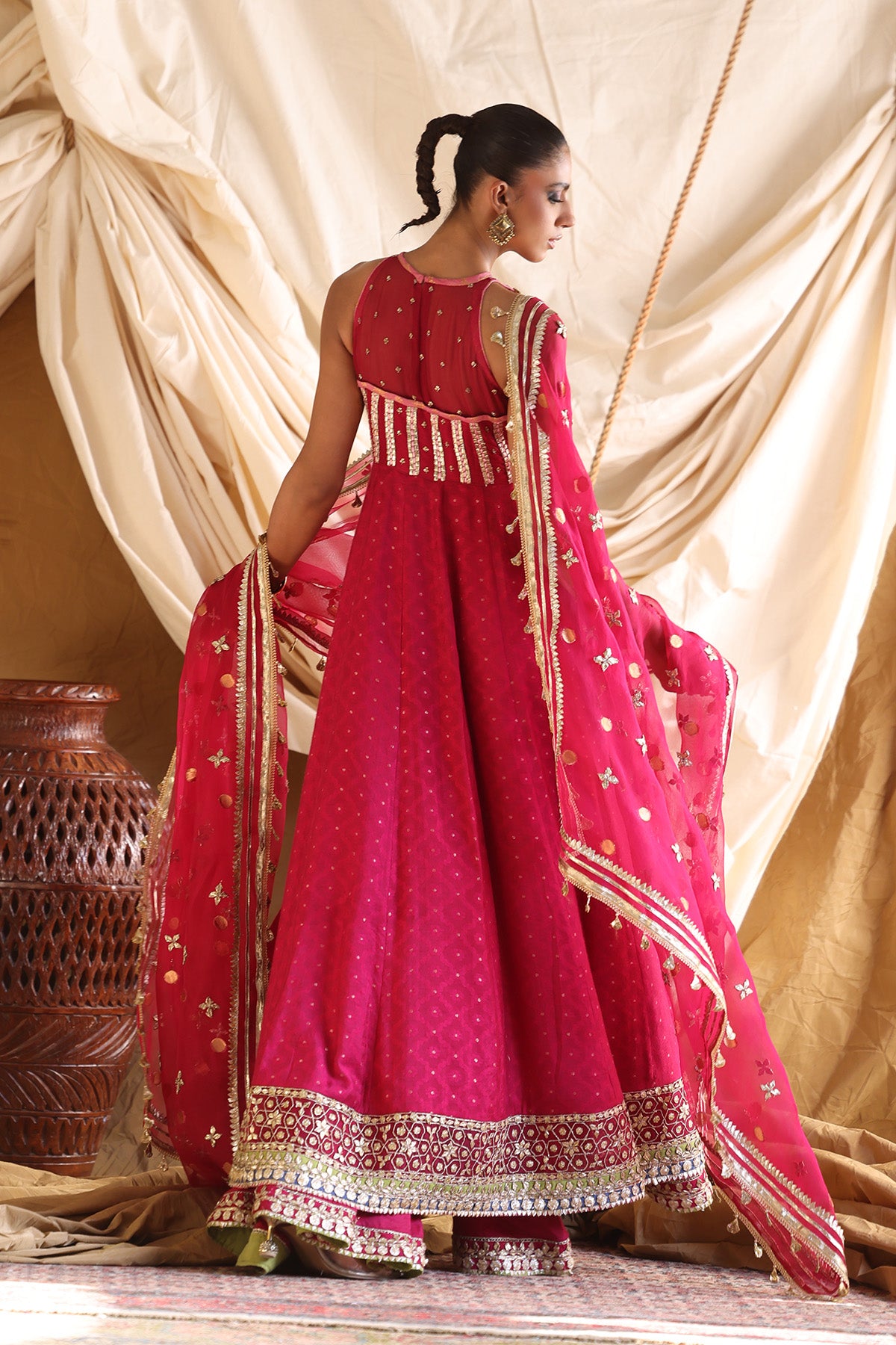 Pakistani Red Embellished Cotton Zari Net Pishwas (3-Piece) - Image 1