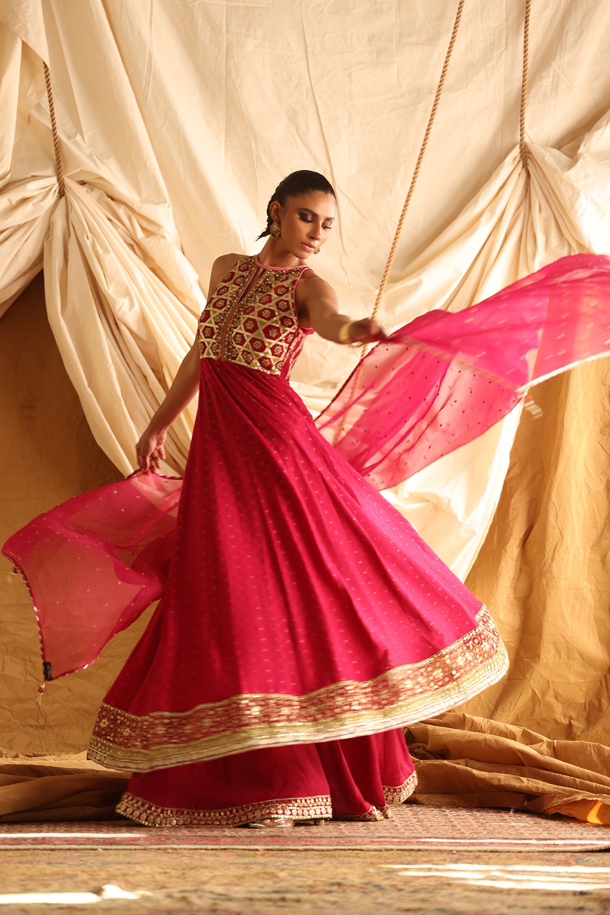 Pakistani Red Embellished Cotton Zari Net Pishwas (3-Piece) - Image 2