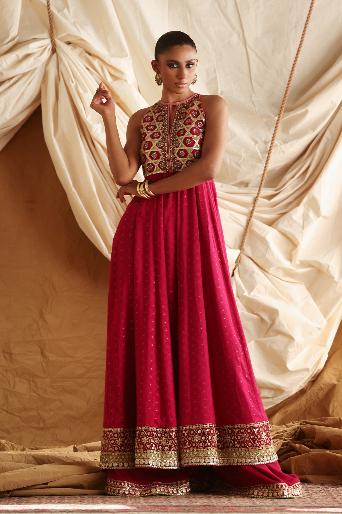 Pakistani Red Embellished Cotton Zari Net Pishwas (3-Piece) - Image 3