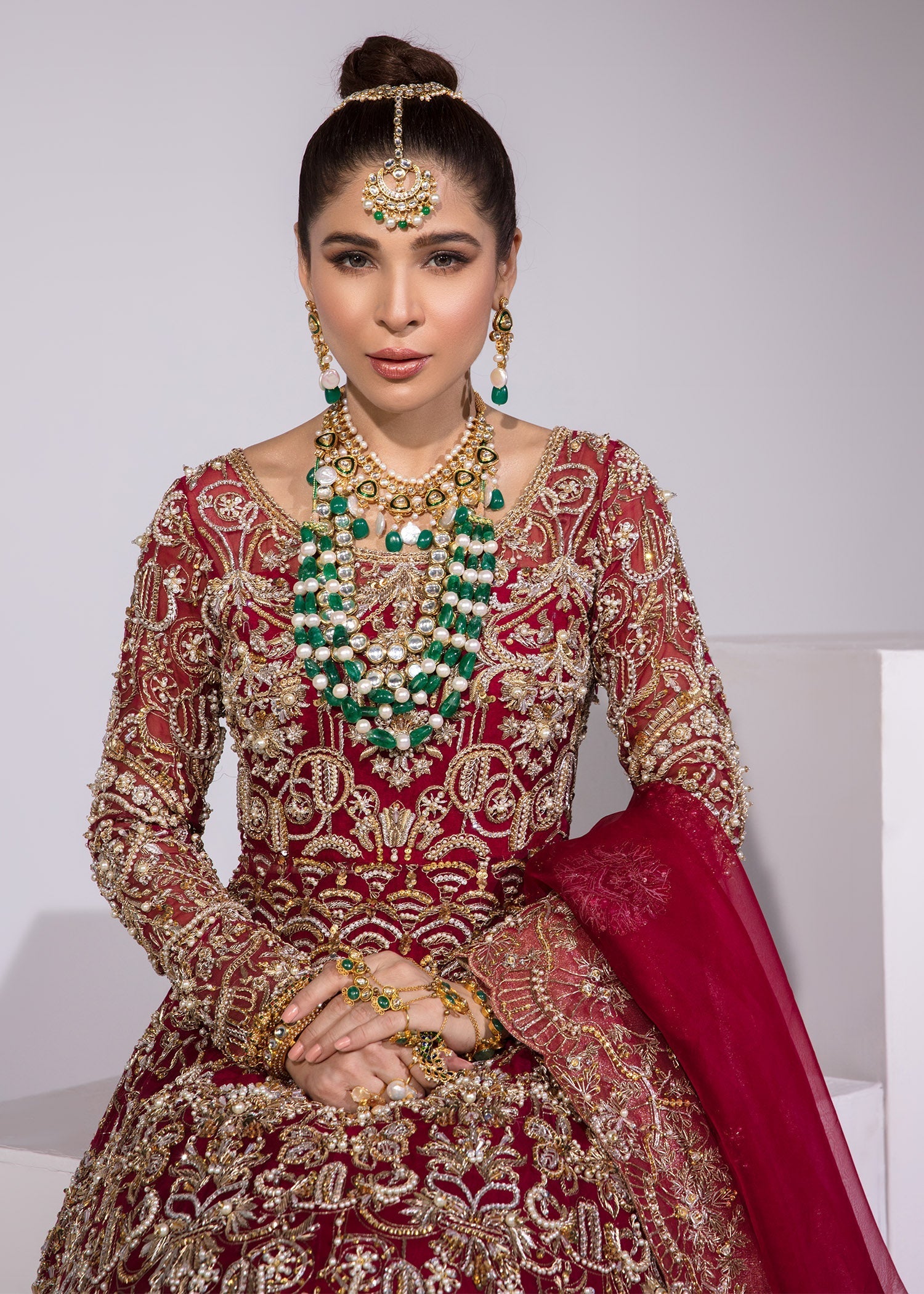 Red Embroidered Kathan Organza Pishwas Dress (3-Piece) - Image 2