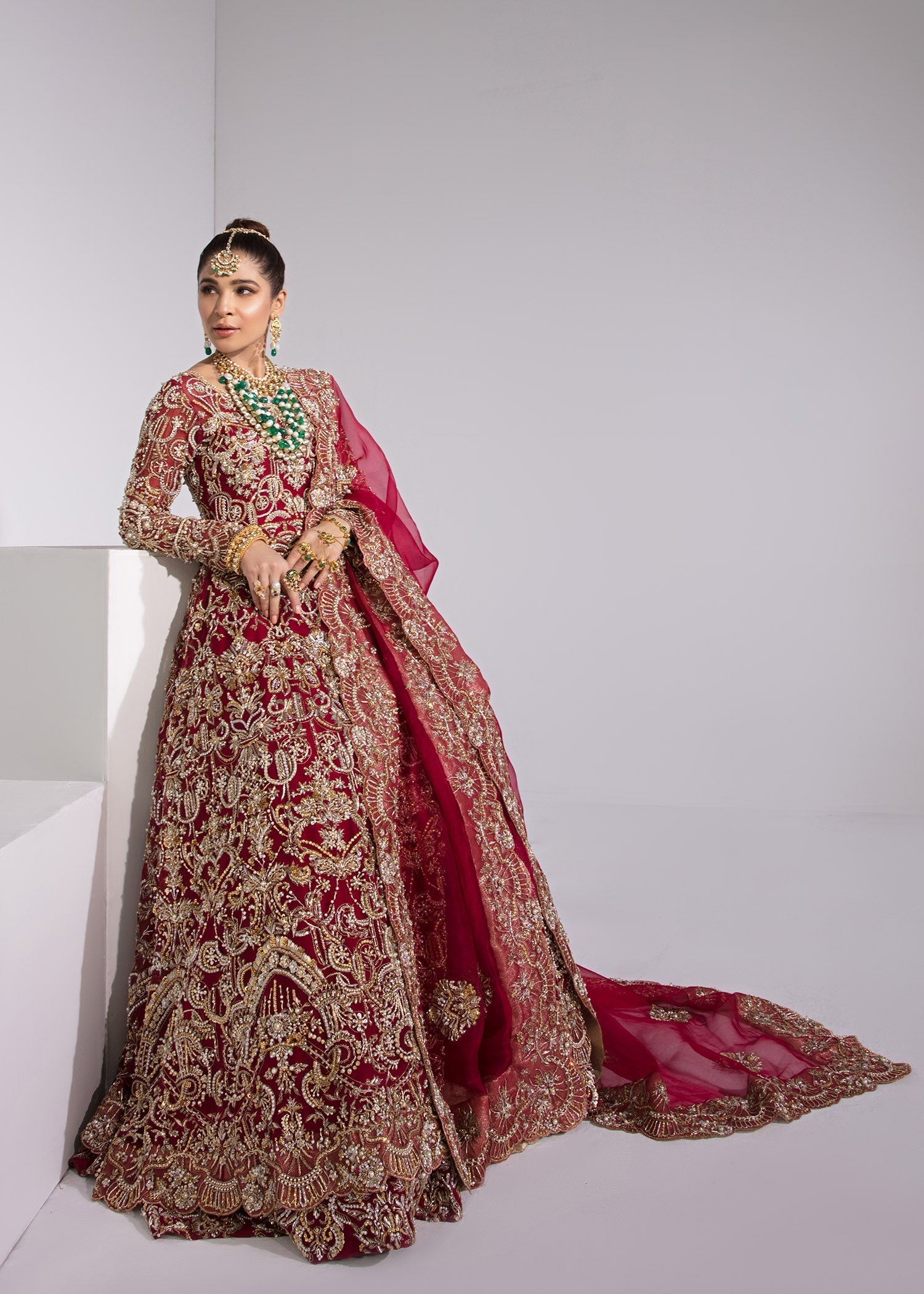 Red Embroidered Kathan Organza Pishwas Dress (3-Piece) - Image 3