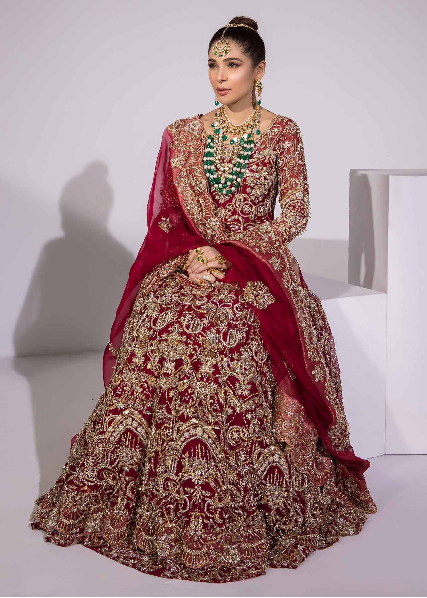 Red Embroidered Kathan Organza Pishwas Dress (3-Piece) - Image 6