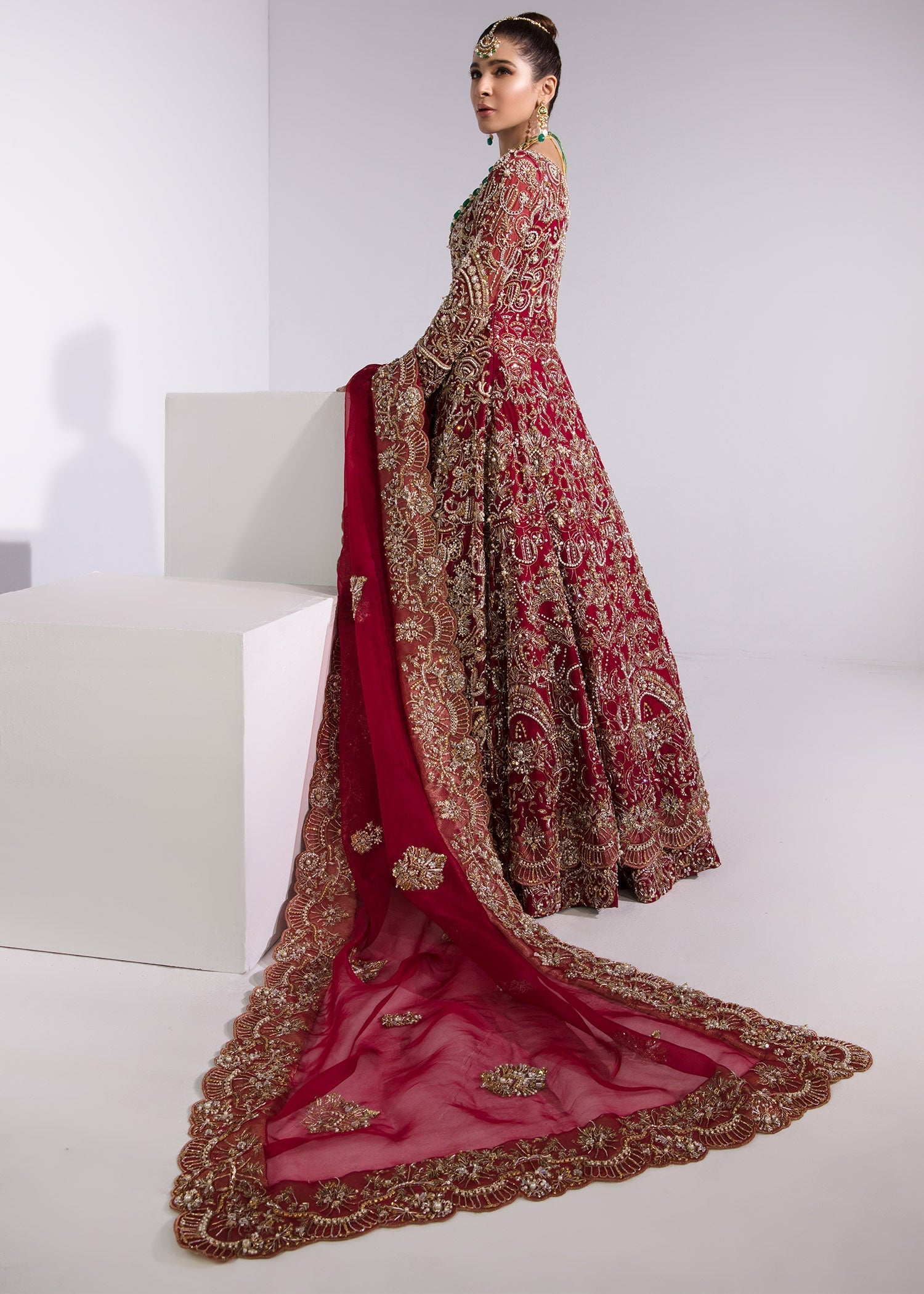 Red Embroidered Kathan Organza Pishwas Dress (3-Piece) - Image 7