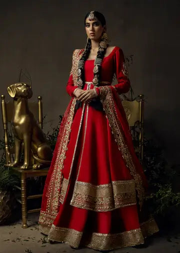 Pakistani Red Aari Embroidered Georgette Pishwas (3-Piece) - Image 1