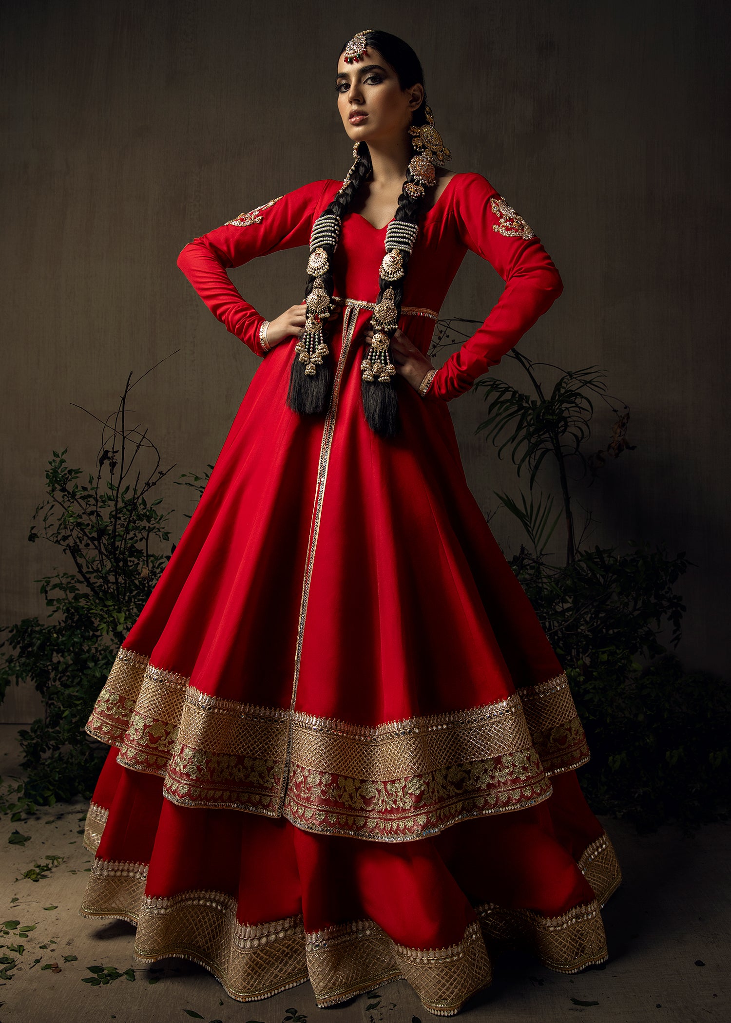 Pakistani Red Aari Embroidered Georgette Pishwas (3-Piece) - Image 4