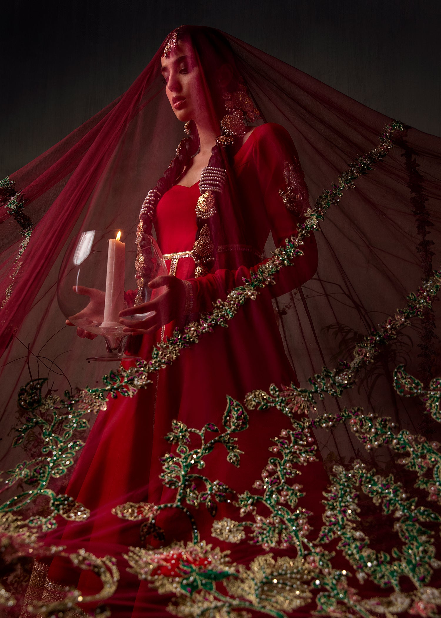 Pakistani Red Aari Embroidered Georgette Pishwas (3-Piece) - Image 5