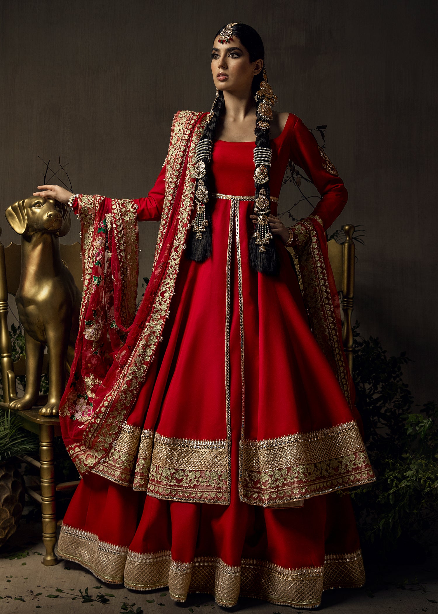 Red Aari Embroidered Georgette Pishwas (3-Piece) - Image 2