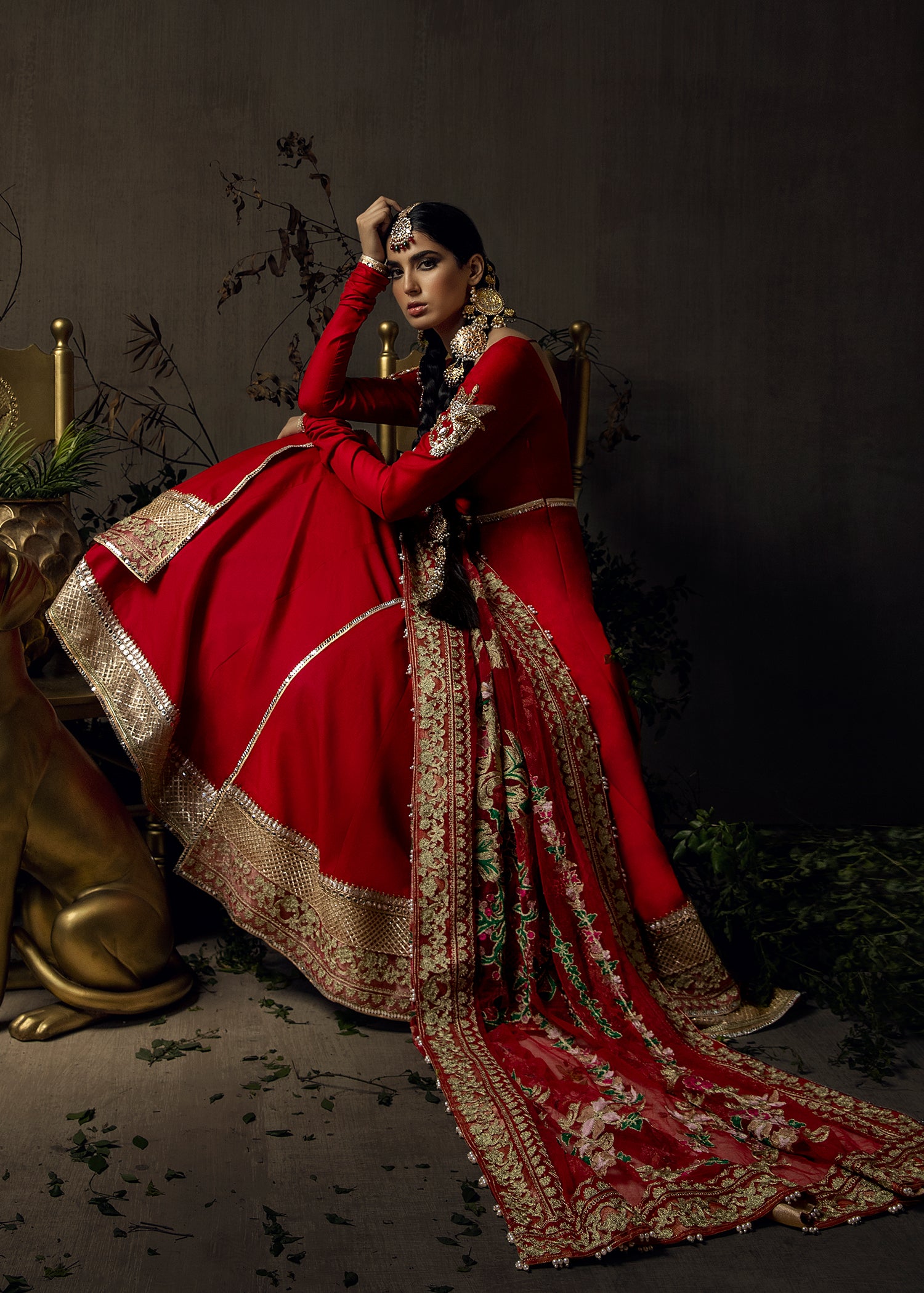 Red Aari Embroidered Georgette Pishwas (3-Piece) - Image 8