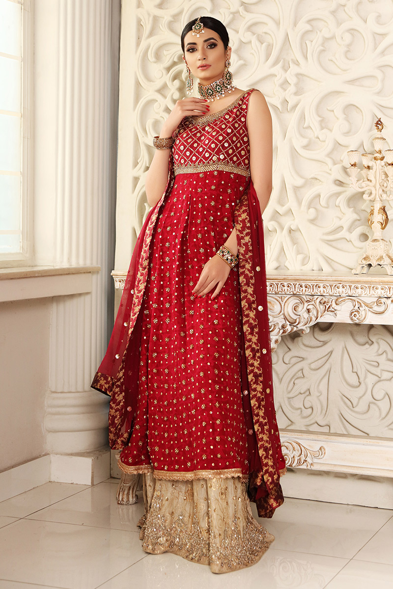 Salsa Red Embellished Jamawar Pishwas (3-Piece) - Image 1