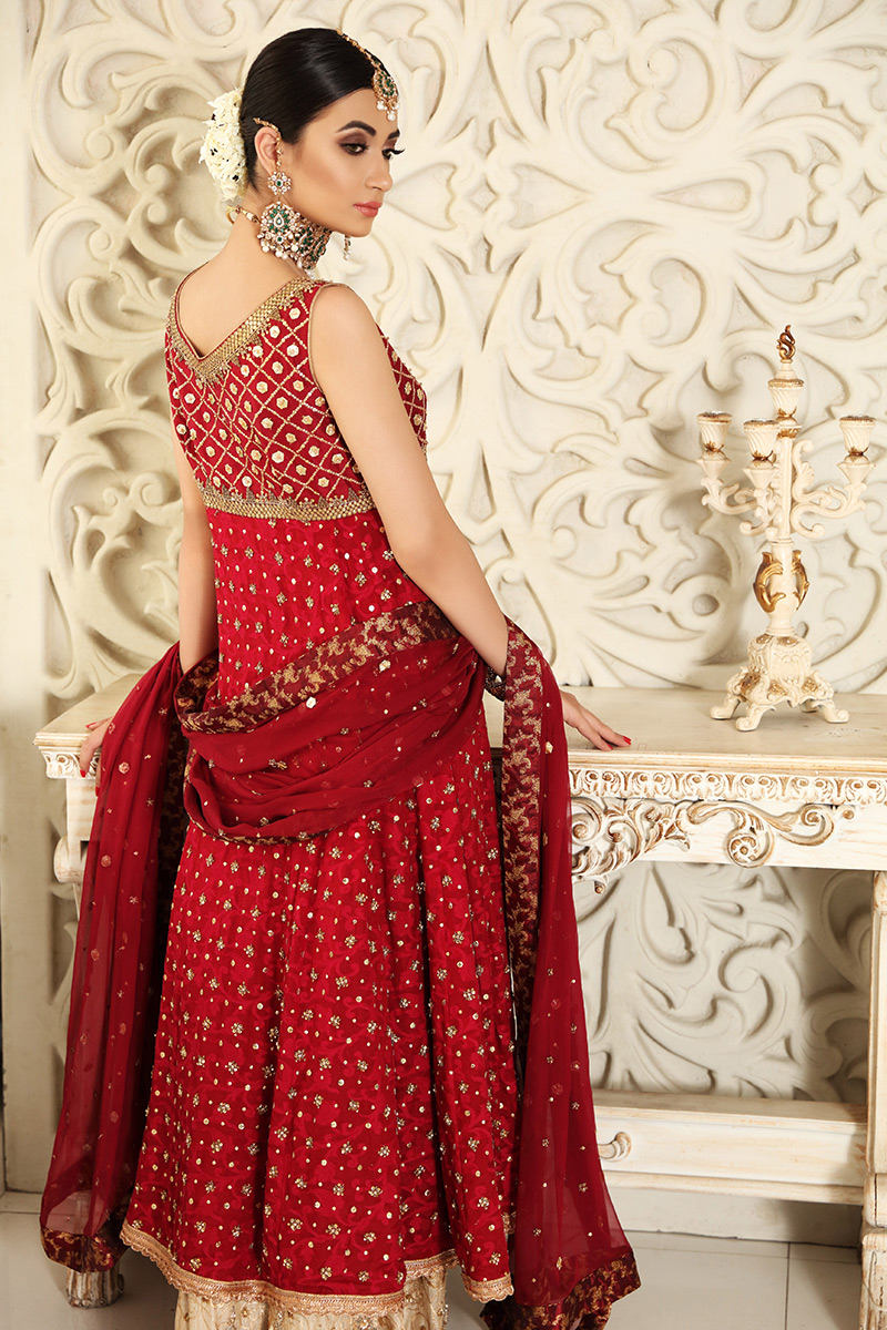 Salsa Red Embellished Jamawar Pishwas (3-Piece) - Image 4