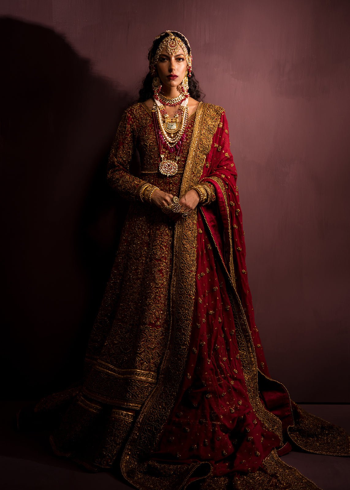 Red Zardozi Chiffon & Jamawar Pishwas (3-Piece) - Image 1