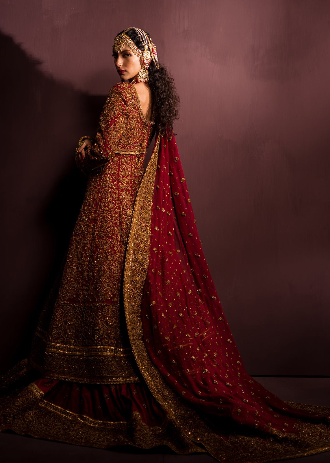 Red Zardozi Chiffon & Jamawar Pishwas (3-Piece) - Image 2