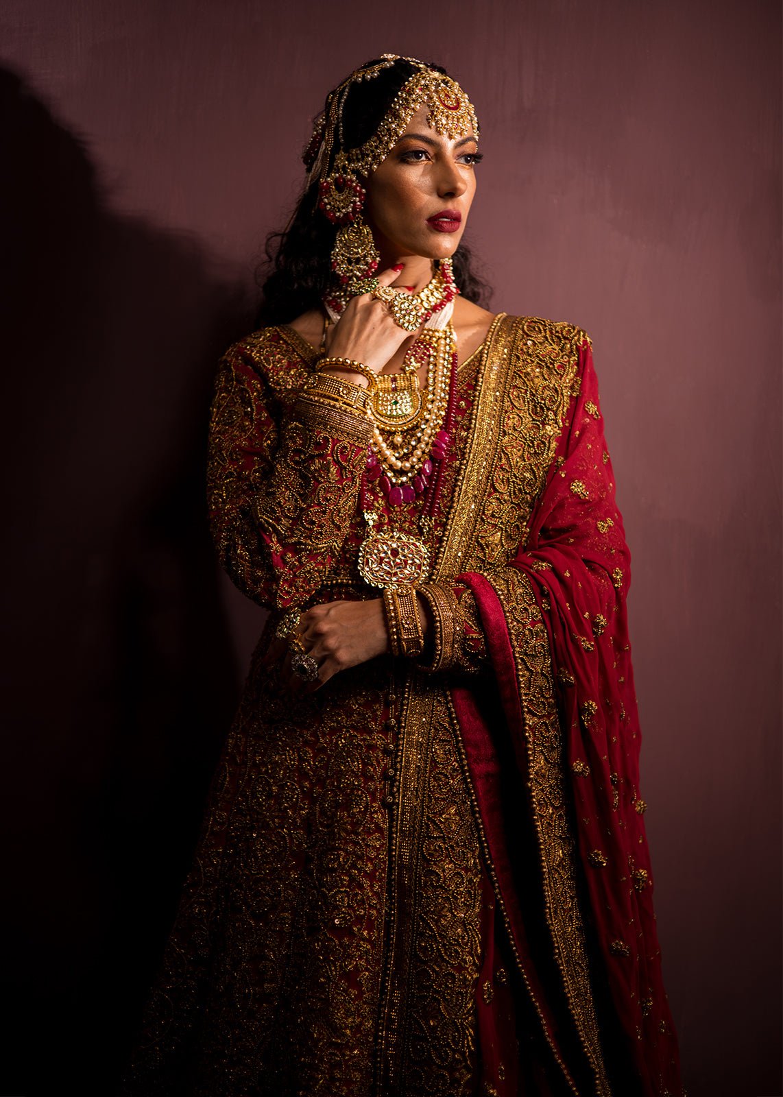 Red Zardozi Chiffon & Jamawar Pishwas (3-Piece) - Image 3