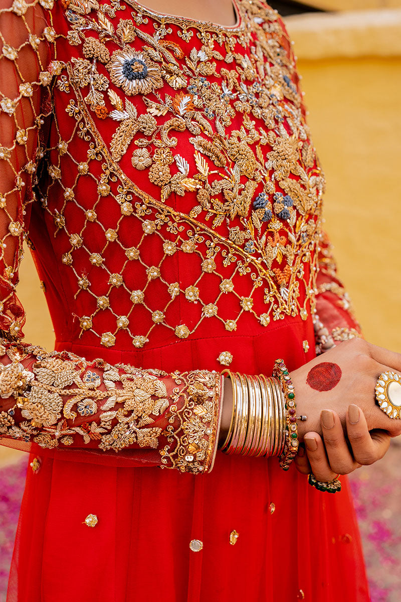 Red Embroidered Net & Organza Pishwas (2-Piece) - Image 2