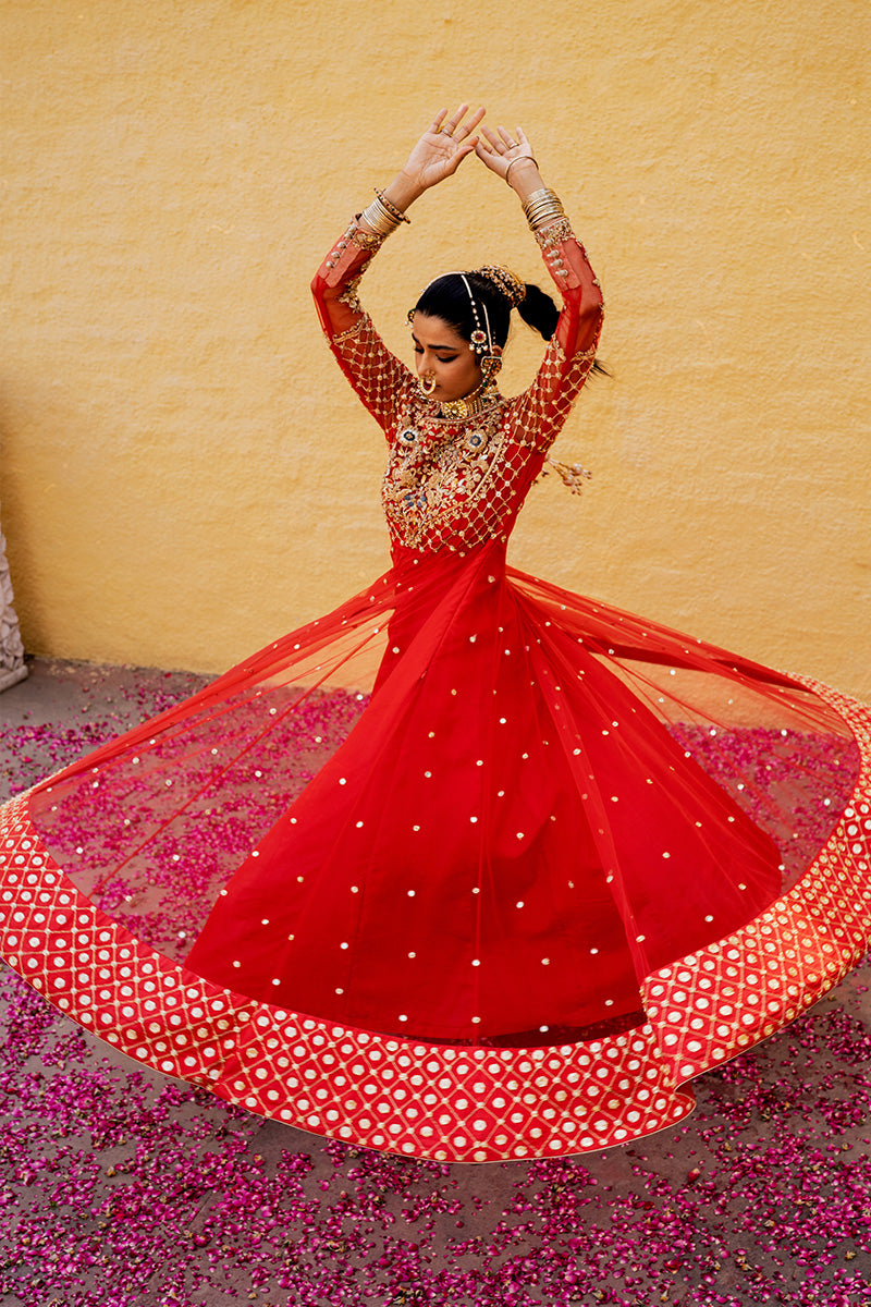 Red Embroidered Net & Organza Pishwas (2-Piece) - Image 5